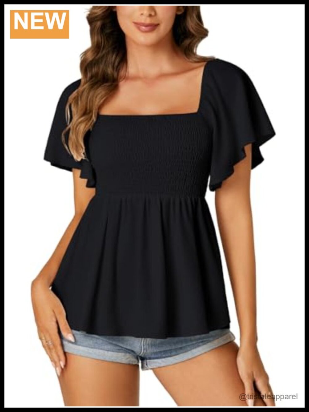 Women's Square Neck Ruffle Sleeve Peplum Blouse Top Flowy Smocked